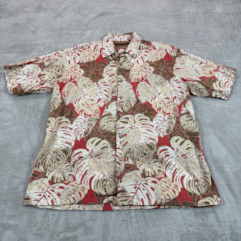 Tori Richard Mens Medium Cotton Lawn Tropical Monstera Leaf Aloha Shirt Red USA